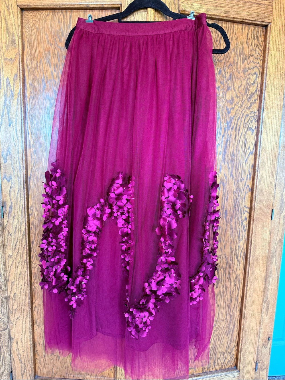 Magenta Floral Appliqué Tulle A-Line Skirt